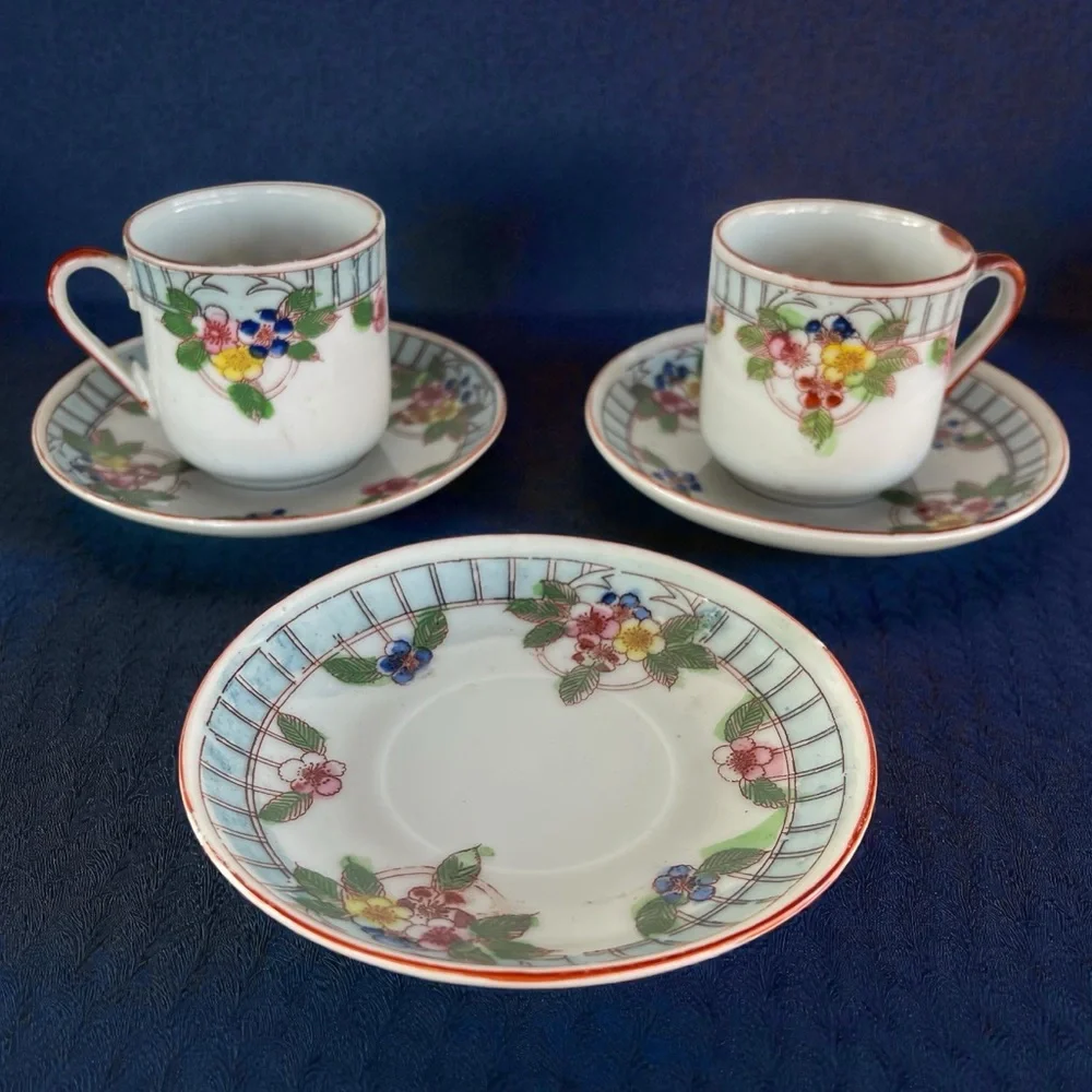 Post War Floral Patterned Porcelain Demitasse Teacup Saucer 5pc. Set